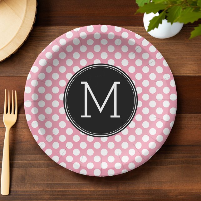 Pastel Pink and Black Polka Dots Custom Monogram Paper Plate (Custom Paper Plate)