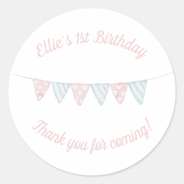 Pastel pink and blue birthday banner thank you  classic round sticker (Front)