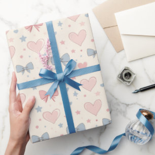 Pastel Pink and Blue Bow and Heart Pattern Wrapping Paper