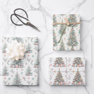 Pastel Pink and Blue Christmas Trees Decorated Wrapping Paper Sheet