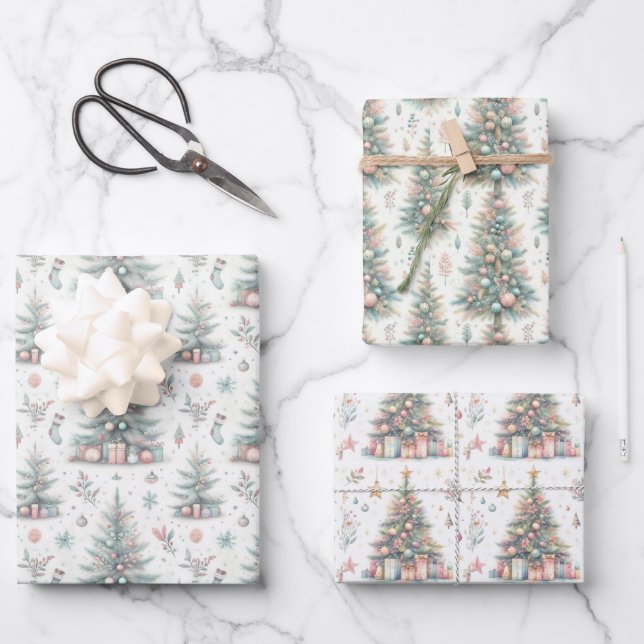 Pastel Pink and Blue Christmas Trees Decorated Wrapping Paper Sheet (Front)