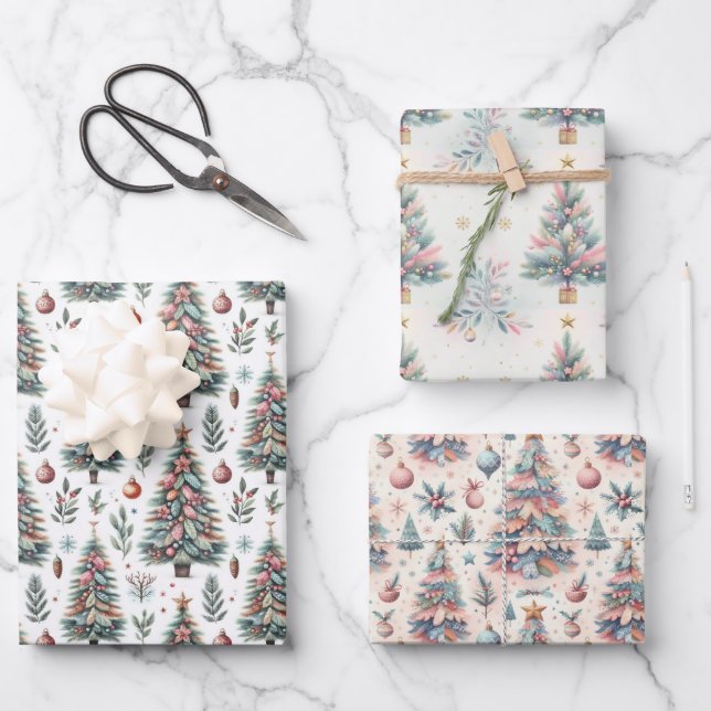 Pastel Pink and Blue Christmas Trees Decorated Wrapping Paper Sheet (Front)