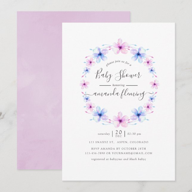 Pastel Pink and Blue Floral Baby Shower Invitation (Front/Back)
