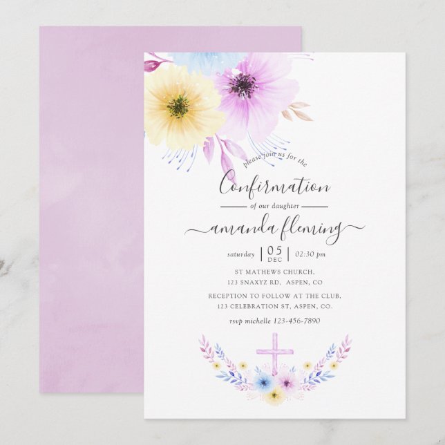 Pastel Pink and Blue Floral Confirmation Invitation (Front/Back)