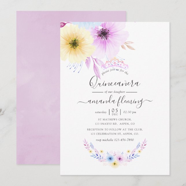 Pastel Pink and Blue Floral Quinceañera Invitation (Front/Back)