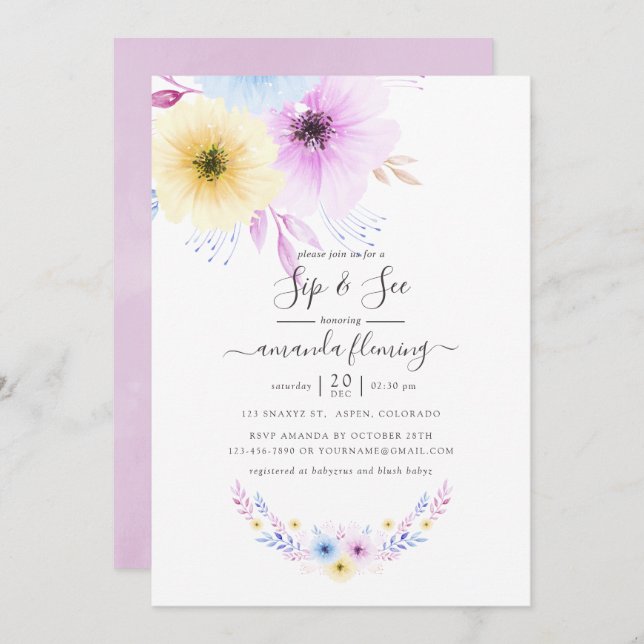 Pastel Pink and Blue Floral Sip and See Invitation (Front/Back)