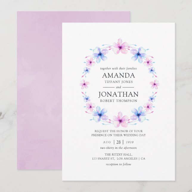 Pastel Pink and Blue Floral Wedding Invitation (Front/Back)