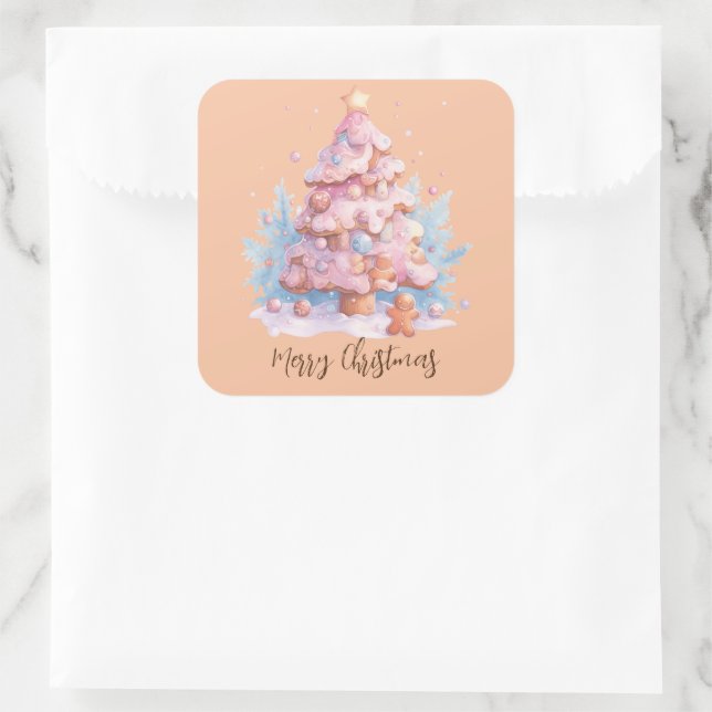 Pastel Pink and Blue Gingerbread Christmas Tree Square Sticker (Bag)