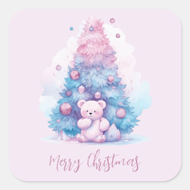 Pastel Pink and Blue Teddy Bear Christmas Tree Square Sticker (Front)