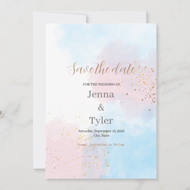 Pastel Pink and Blue Watercolor Save the Date  (Front)
