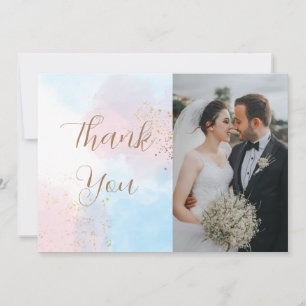 Pastel Pink and Blue Watercolor Two Photo Wedding Thank You Card