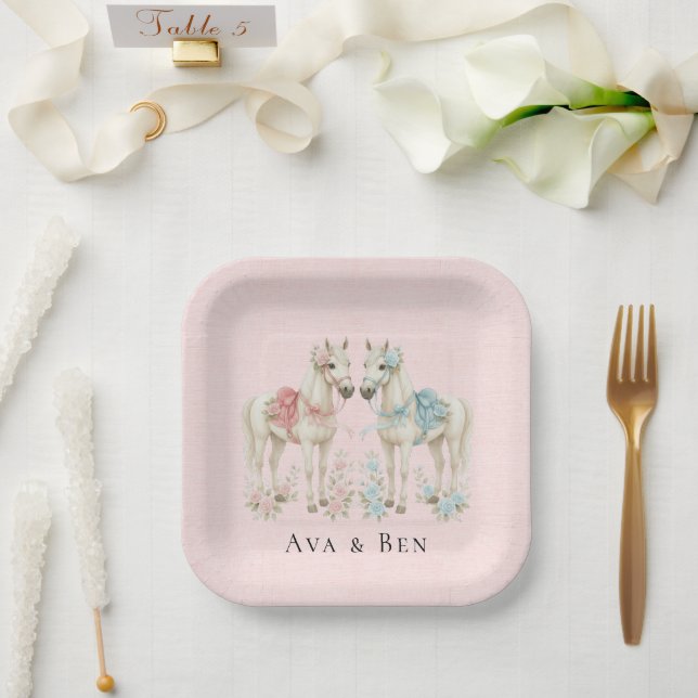 Pastel Pink and Blue Wedding Horses Canvas  Paper Plate (Wedding)