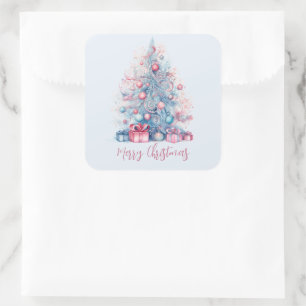 Pastel Pink and Blue Whimsical Christmas Tree Gift Square Sticker