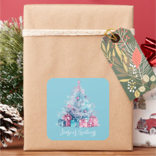 Pastel Pink and Blue Whimsical Christmas Tree  Square Sticker