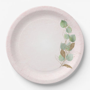 Pastel Pink and Glitter Botanical Leaves Paper Plate