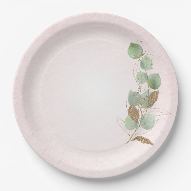 Pastel Pink and Glitter Botanical Leaves Paper Plate (Front)