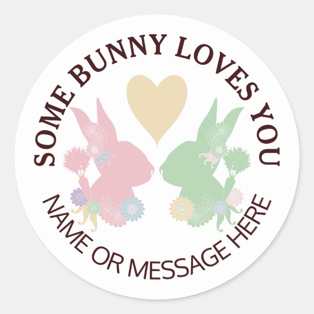 Pastel Pink and Green Bunnies with Heart Custom Classic Round Sticker (Front)