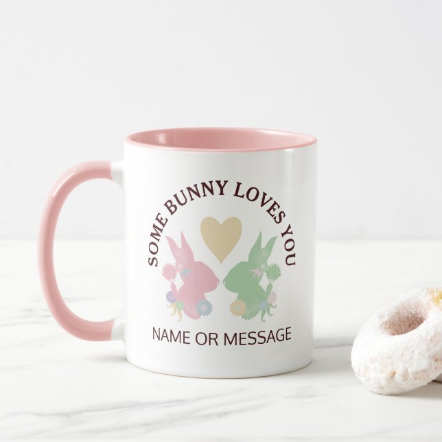 Pastel Pink and Green Bunnies with Heart Custom Mug (With Donut)