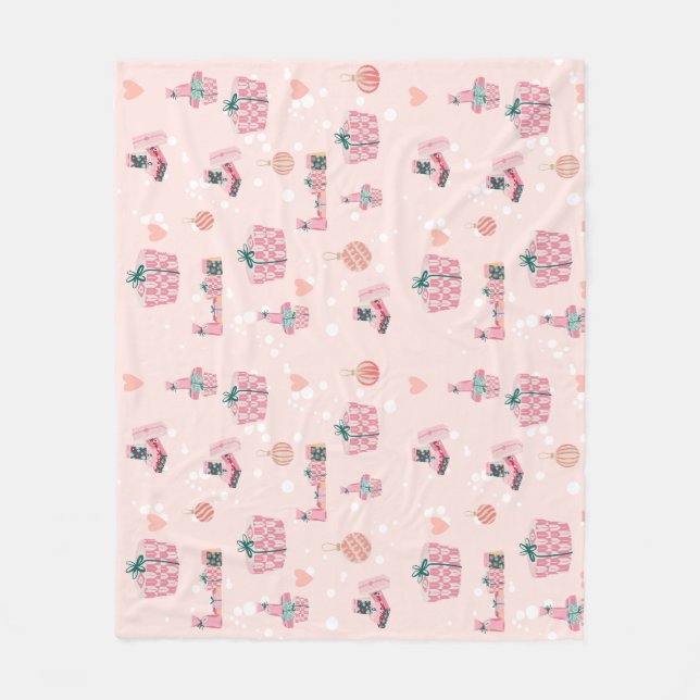 Pastel Pink and Green Christmas Gift Pattern Fleece Blanket (Front)