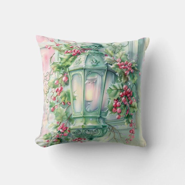 Pastel Pink and Green Christmas Throw Pillow (Front)