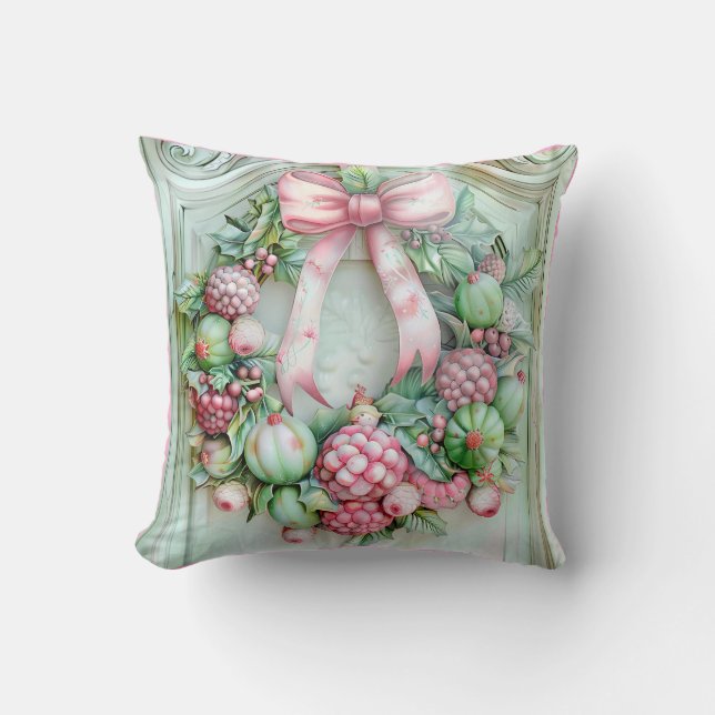 Pastel Pink and Green Christmas Throw Pillow (Front)