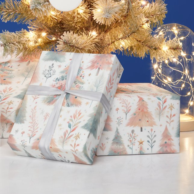 Pastel Pink and Green Christmas Trees Wrapping Paper (Holidays)