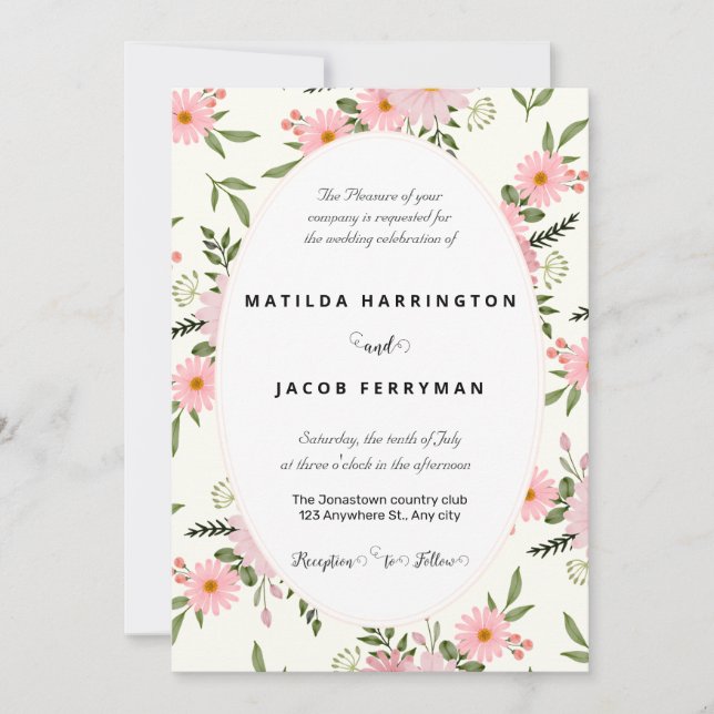 Pastel Pink and Green Floral Frame Invitation (Front)