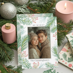 Pastel Pink and Green Holly Christmas  Holiday Card