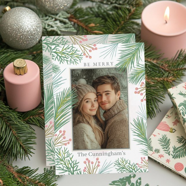 Pastel Pink and Green Holly Christmas  Holiday Card (Pink and green holiday card)