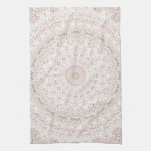 Pastel Pink and Green Mandala Pattern Design Tea Towel