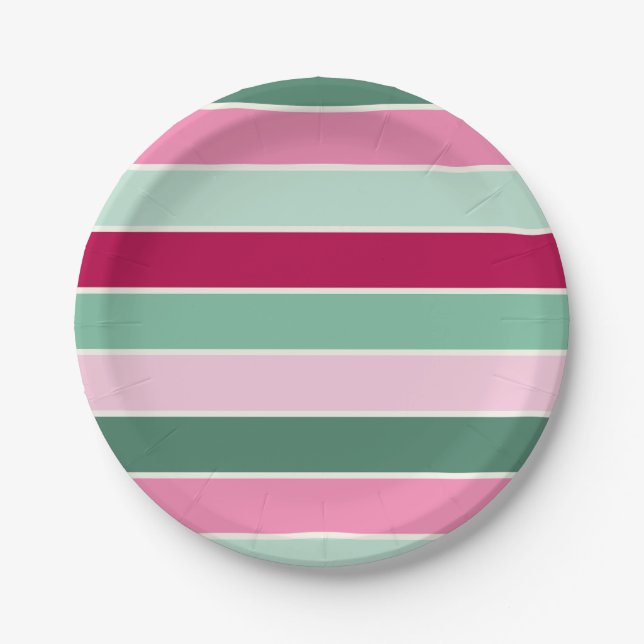 Pastel Pink and Green Stripes Paper Plate (Front)