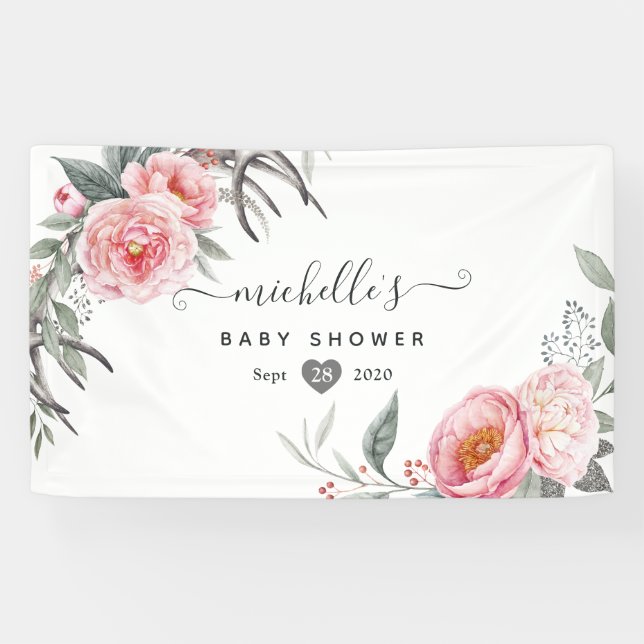 Pastel Pink and Grey Boho Floral Baby Shower Banner (Horizontal)