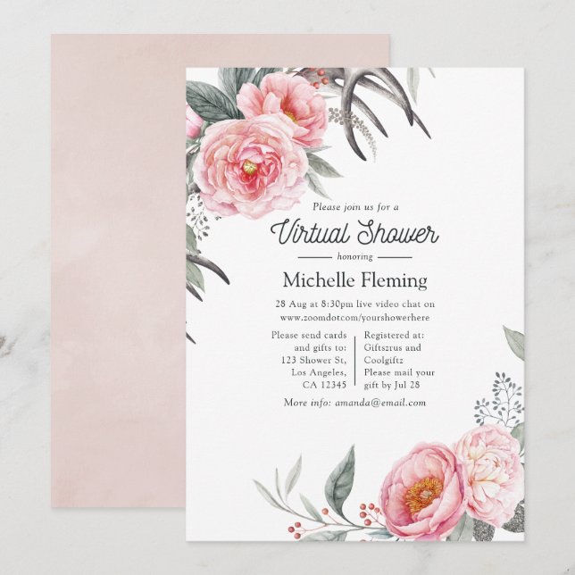 Pastel Pink and Grey Boho Floral Virtual Shower Invitation (Front/Back)
