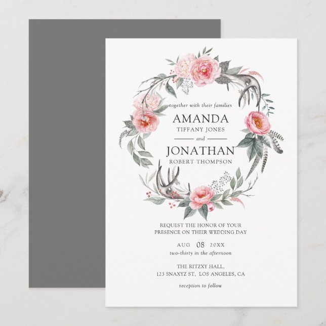 Pastel Pink and Grey Boho Floral Wedding Invitation (Front/Back)