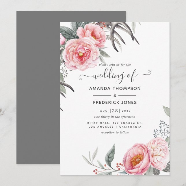 Pastel Pink and Grey Boho Floral Wedding Invitation (Front/Back)