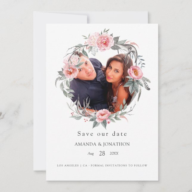 Pastel Pink and Grey Boho Floral Wedding Photo Save The Date (Front)