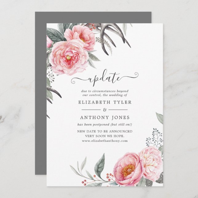 Pastel Pink and Grey Boho Floral Wedding Update Invitation (Front/Back)