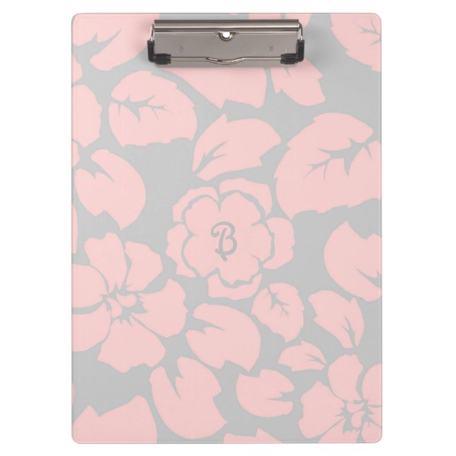 Pastel Pink and Grey Floral Monogram Clipboard (Front)