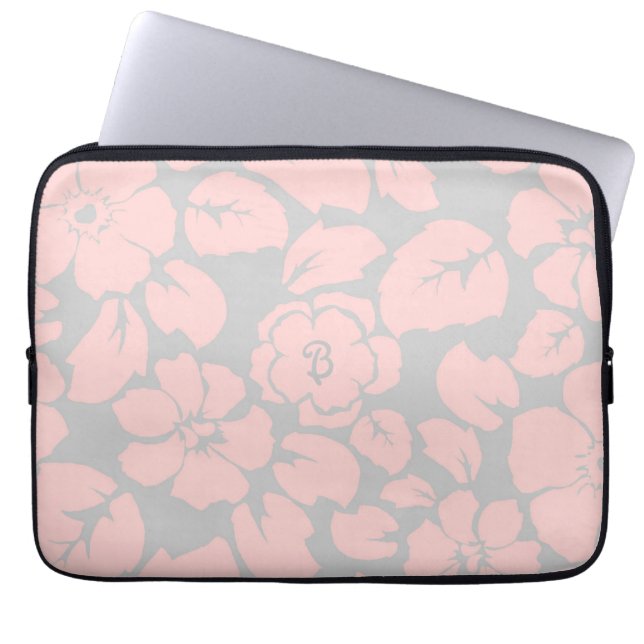 Pastel Pink and Grey Floral Monogram Laptop Sleeve (Front)
