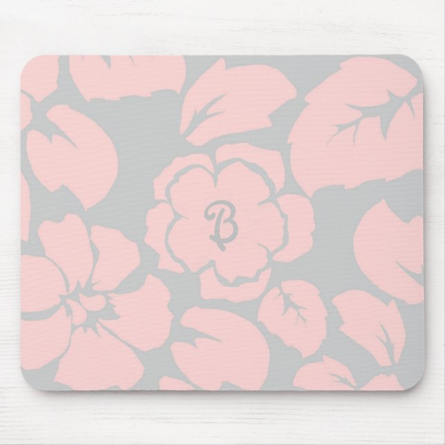 Pastel Pink and Grey Floral Monogram Mouse Mat (Front)