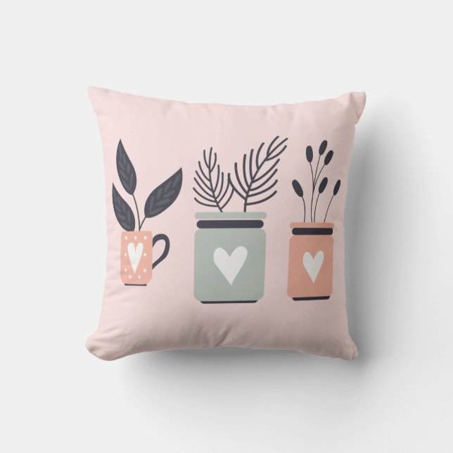 Pastel pink and grey modern pot plants cushion (Front)