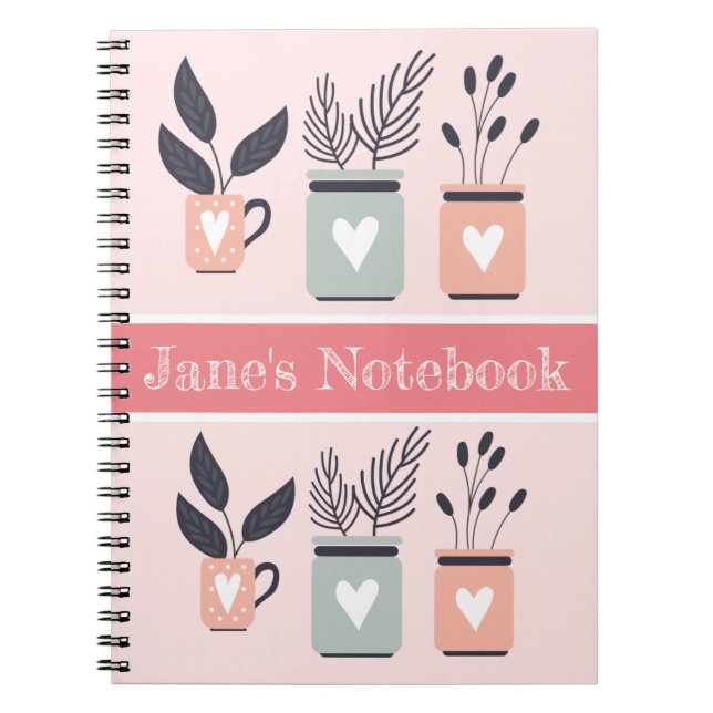 Pastel pink and grey modern pot plants notebook (Front)
