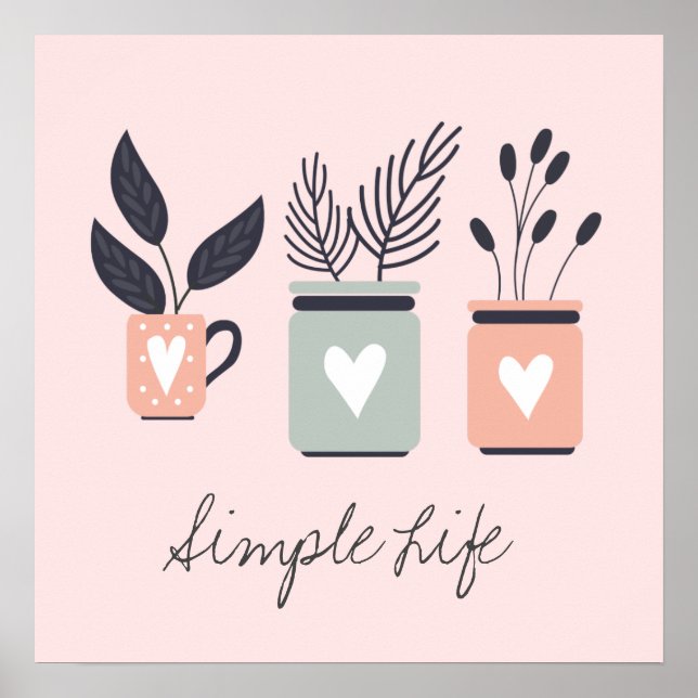 Pastel pink and grey modern pot plants poster (Front)