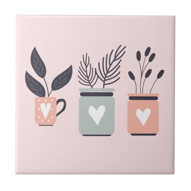 Pastel pink and grey modern pot plants tile (Front)