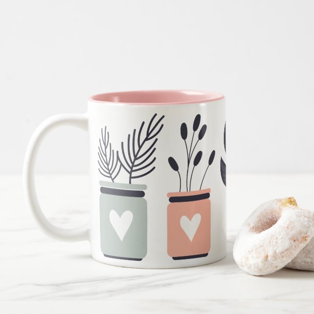 Pastel pink and grey modern pot plants Two-Tone coffee mug (With Donut)