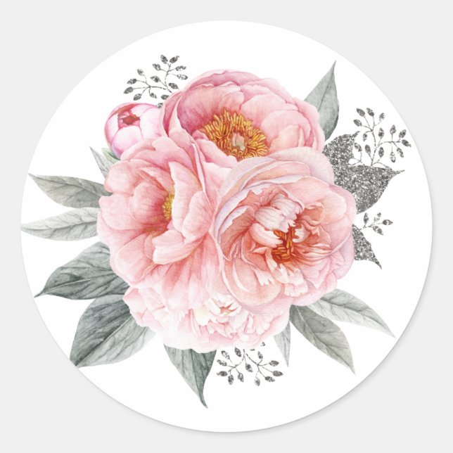 Pastel Pink and Grey Peony Flowers Classic Round Sticker (Front)