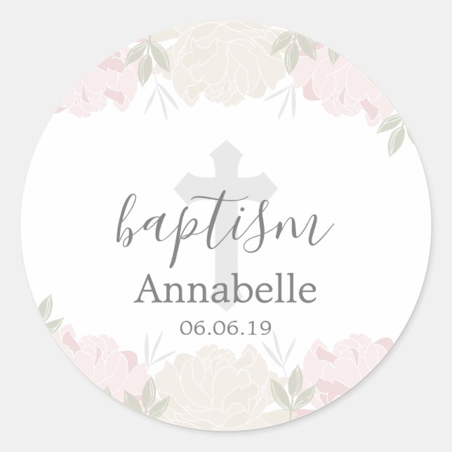 Pastel Pink and Ivory Floral Baby Baptism Classic Round Sticker (Front)