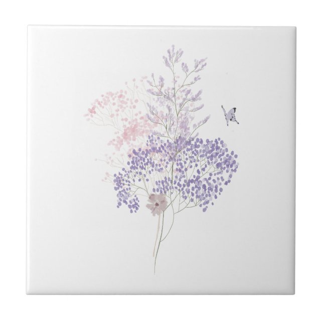 Pastel Pink and Lavender Wildflower Butterfly Tile (Front)