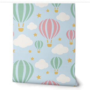 Pastel Pink and Mint Green Balloons and Clouds Wallpaper