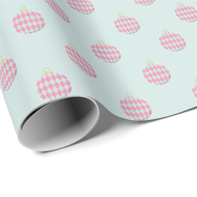 Pastel Pink and Mint Green Christmas Ornaments Wrapping Paper (Roll Corner)